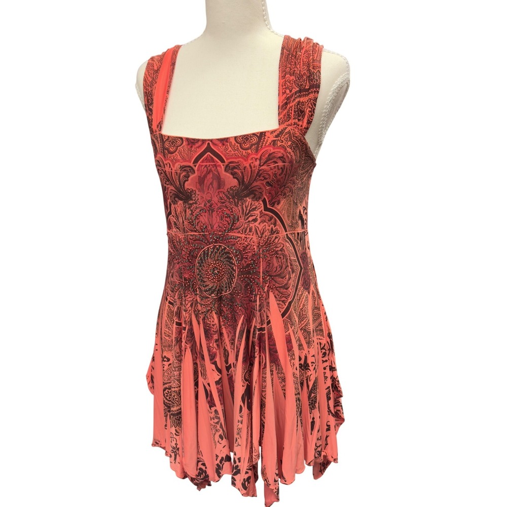 Reina Paisley Mandala Rhinestone Handkerchief Hem Mini Dress Coral Orange Y2K